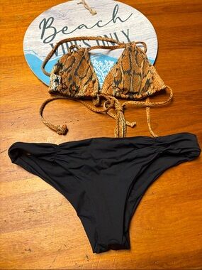 l*space Snake-Print Triangle Top in Brown & Black Bikini Bottoms